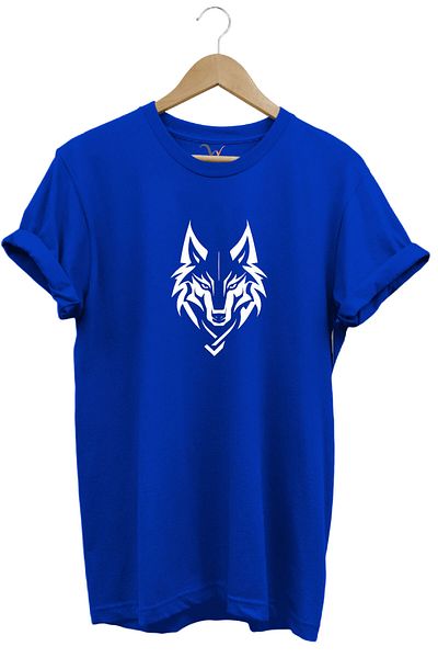 WİDİ Tricou albastru cu decolteu rotund, 100% bumbac, cu imprimeu Wolf Wolf
