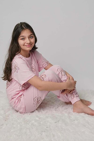 Riccotarz Girl's Butterfly Print T-Shirt Pink Pajama Set 8-14 Years