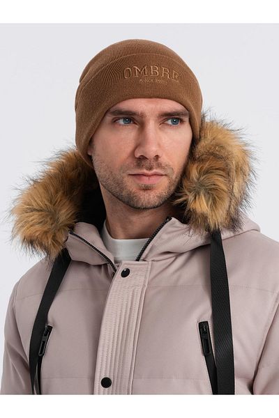 OMBRE Herren Strickmütze mit gestickter Aufschrift - braun V4 OM-ACWH-0120