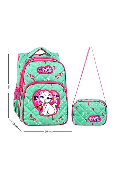 Linea Waddell 3 Compartment Primary School and Lunch Box - White Cat Water Green 24002