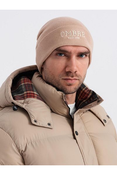 OMBRE Herren Strickmütze mit gestickter Aufschrift - Sand V6 OM-ACWH-0120