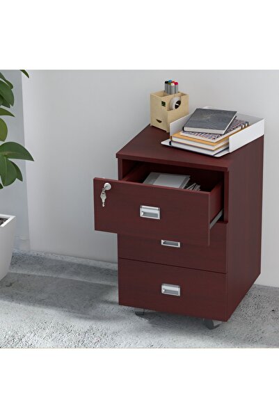 Mahmayi Stazion 3 Drawer Mobile Storage Unit Modern Office Furniture with Cabinets Cherry