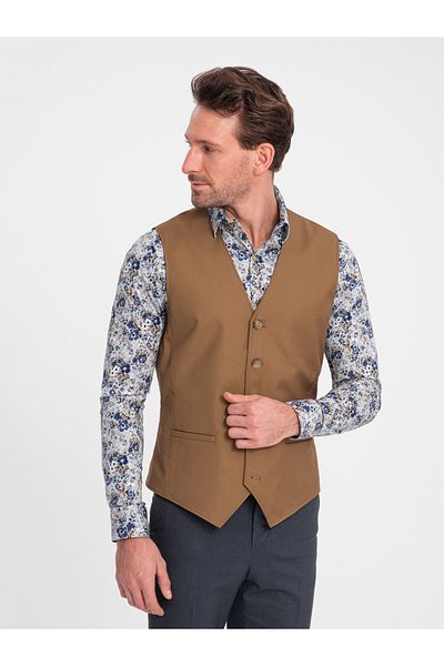 OMBRE Herren Anzugweste ohne Revers - Karamell V1 OM-BLZV-0112 S