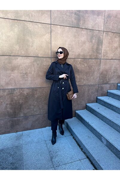 soonaksesuar Women's Long Sleeve Neck Front Button Waist Belt Midi Gabardine Trench Coat