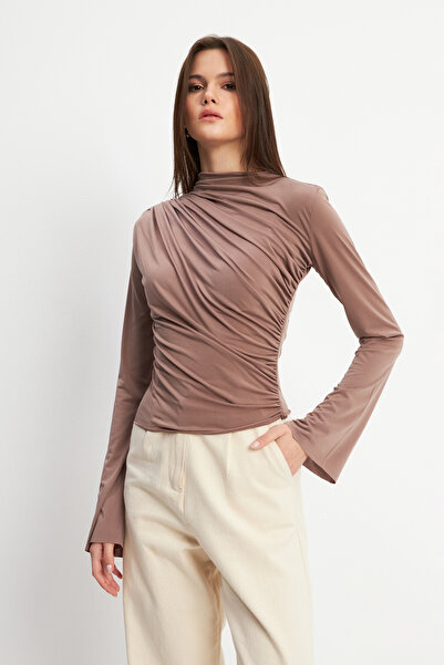 Ladima Γυναικεία μπλούζα με λεπτομέρεια με γιακά με κορδόνι μόκα