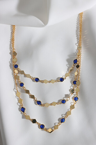 Süspüs Accessories قلادة ذهبية بسلسلة مثلثة من الحجر الأزرق الداكن مكونة من 3 قطع