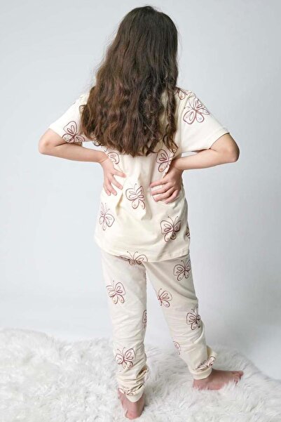 Riccotarz Girl's Butterfly Print T-Shirt Cream Pajama Set 8-14 Years