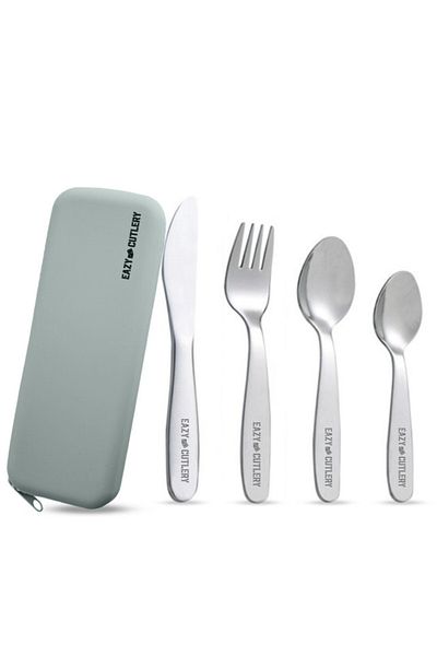 Eazy Kids Eazy Kids Set of 4 Cutlery (Spoon, Fork, Knife & Tea Spoon) w/ Silicon Pouch – Grey