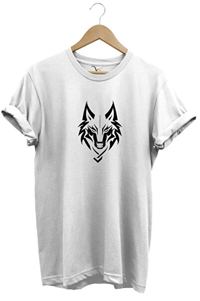 WİDİ Tricou alb cu decolteu crew, 100% bumbac, cu imprimeu Bozkurt Turkish Wolf