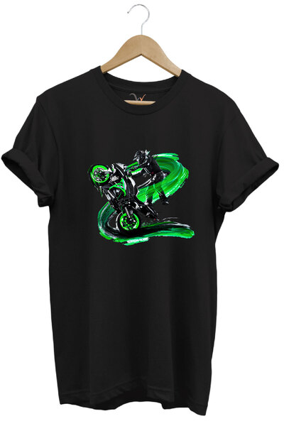 WİDİ Tricou negru cu decolteu cu decolteu normal, 100% bumbac, cu imprimeu pe...