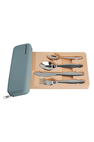 Eazy Kids Set of 4 Cutlery (Spoon, Fork, Knife & Tea Spoon) w/ Silicon Pouch – Grey