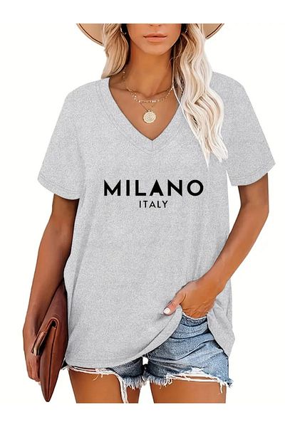 Deocept Tricou oversize cu decolteu în V cu imprimeu pentru femei