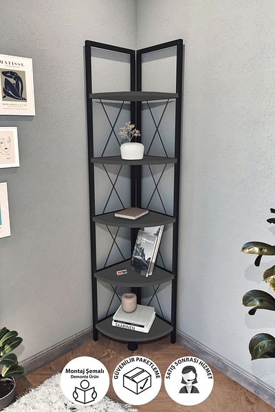 Bofigo Bofigo 5 Shelf Metal Corner Bookshelf Decorative Accessory Rack Anthracite