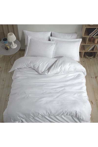 GÖRMEZ TEKSTİL 4 Padded Cotton Satin Double Oxford Striped Duvet Cover - with Plain Satin Sheet