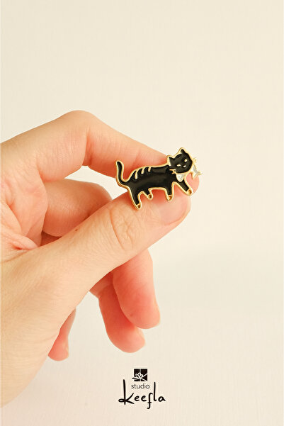 Studio Keefla Kedi Broş - Metal Enamel Pin Tasarım Yaka İğnesi Rozet Takı Hed...
