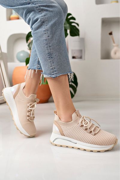 moda sara Beige Sequin Detailed Patterned Knitwear Sports Shoes