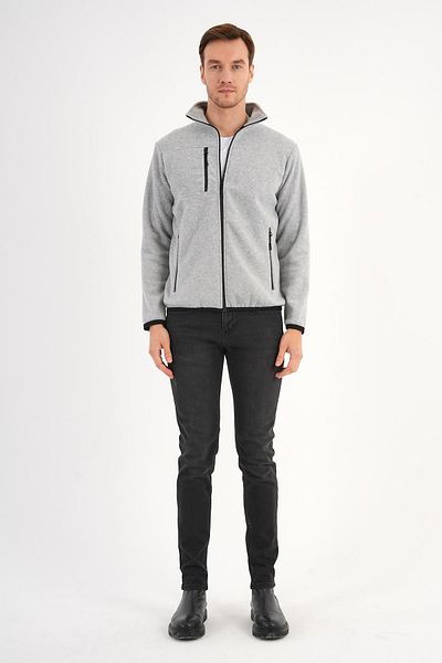 Deri Company Men's Fleece Jacket Gray Melange Zippered Stand Collar