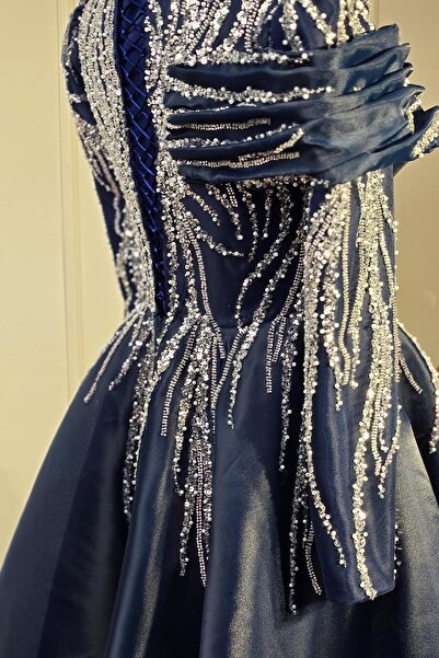 Yonca Moda Evi Lacivert Drapeli Özel Tasarım Abiye 7918