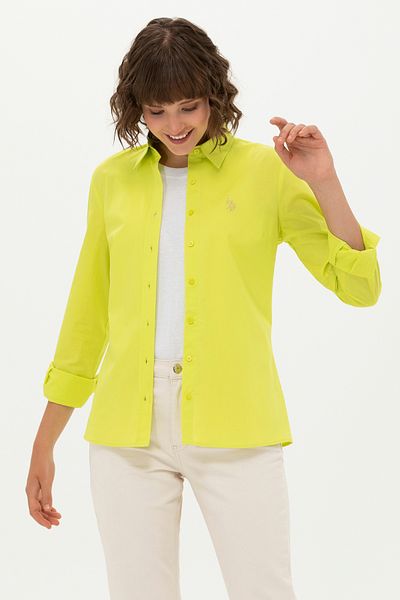 U.S. Polo Assn. قميص أساسي بأكمام طويلة أصفر نيون للنساء 50262946-VR168