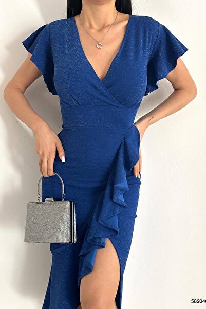 Deafox Φόρεμα Saks Blue Flowers Flounced Glitter από ύφασμα