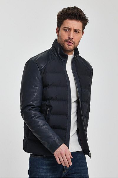 Deri Company Hunter Navy Blue Fabric Garnished Leather Coat
