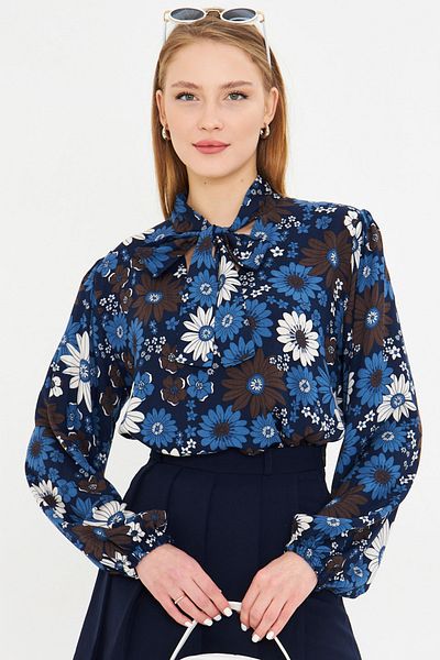 armonika Bluză de damă albastră cu mâneci elastice cu cravată ARM-25K 001096