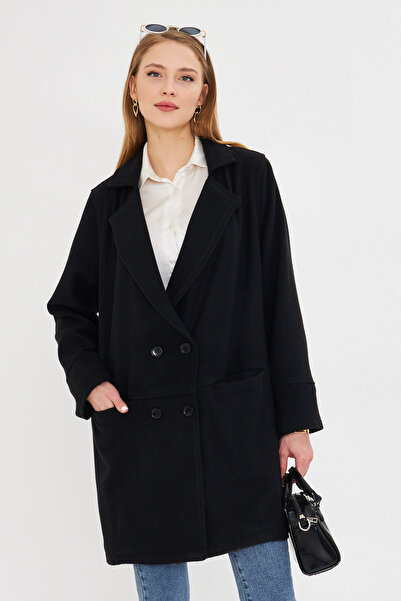 armonika Γυναικείο Μαύρο Παλτό με διπλό στήθος με κουμπιά με τσέπη ARM-25K 001100