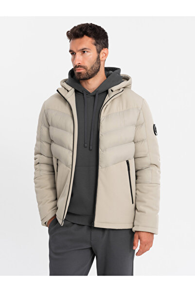 OMBRE Men's quilted jacket with high collar - beige V4 OM-JALP-0172 M