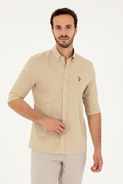 U.S. Polo Assn. Ανδρικό μακρυμάνικο βασικό πουκάμισο χακί εξωτερικού χώρου 50282588-VR183