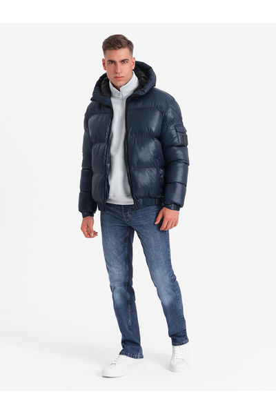 OMBRE Teplá pánská nafouknutá bunda s lemy - tmavě modrá V2 OM-JAHP-0207 XL