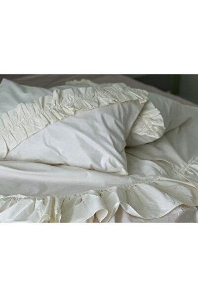 Homerz Yatak Runner & Çift Kişilik Fırfırlı Ekru 70 x 240 & 2 adet Çapraz Fırfırlı Yastık 50 x 70