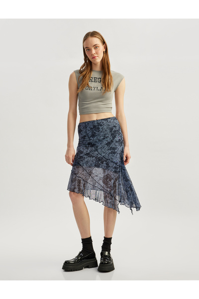 Koton Fusta midi din tul cu model cu croială asimetrică