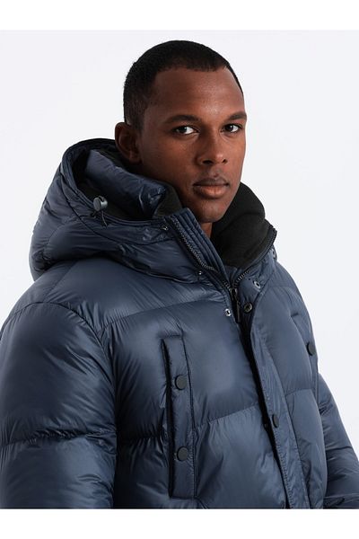 OMBRE Men's long puffer jacket with snap pockets - navy blue V3 OM-JALJ-0186 L