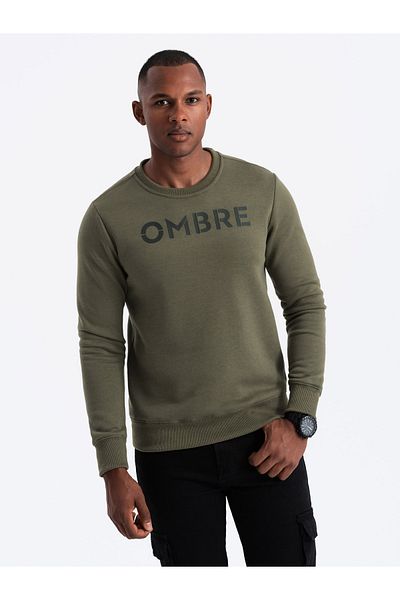 OMBRE Classic men's sweatshirt with inscription - dark olive V2 OM-SSPS-0181 XL