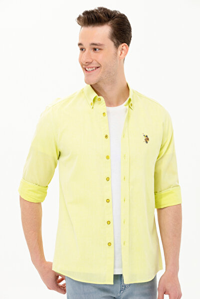 U.S. Polo Assn. Cămașă de bază cu mânecă lungă, galben neon, pentru bărbați 5...