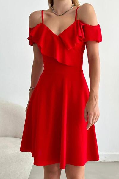 Deafox Červené volánové šaty na ramenou