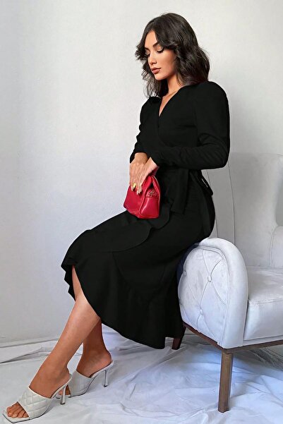 Deafox Černé šaty Midi s dlouhým rukávem a páskem z krepové látky