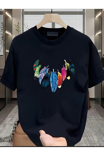 Karatopak Colorful Feather Printed Unisex Oversize Crew Neck T-Shirt