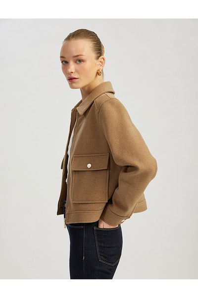 Koton Long Sleeve Capped Pocket Detailed Zippered Crop Stamp Jacket