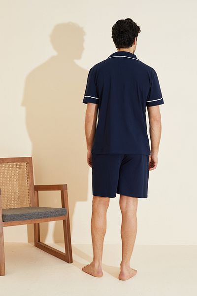 Siyah İnci navy blue Ανδρικό κοντομάνικο βαμβακερό πουκάμισο με γιακά με κουμπιά σορτς 7821