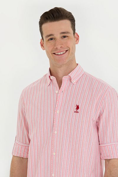 U.S. Polo Assn. Ανδρικό πουκάμισο σομόν σε λευκό ριγέ 50265493 -vr047