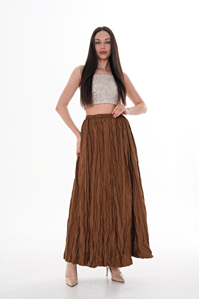 BLUSS Women's Brown Pleated Crinkle Fabric Maxi Skirt