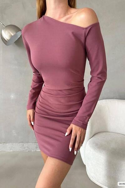 Deafox Μακρυμάνικο φόρεμα με έναν ώμο με λεπτομέρεια από εισαγόμενο κρεπ ύφασμα