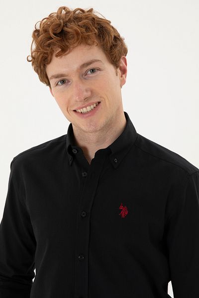 U.S. Polo Assn. Черна ленена мъжка риза - основен модел 50288648 -vr046
