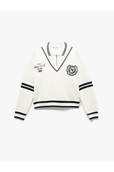 Koton Raised Embroidery Detailed Striped Oversize Half Zip Sweatshirt