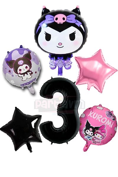 PARTİAVM 3 Year Old Kuromi Theme Balloon Pink Black Star Foil Balloon - Black Number Balloon and Printed Foil Balloon