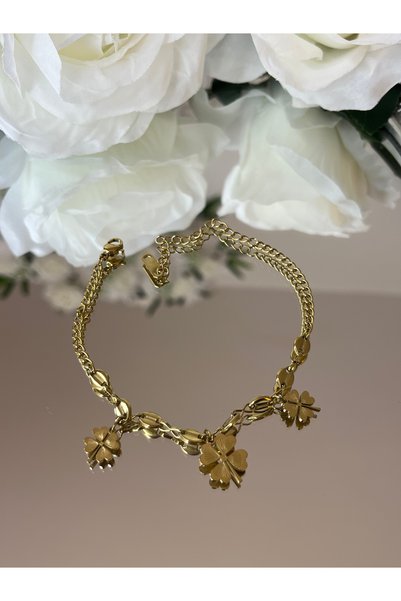 RENGARENG Gold Clover Chain Steel Bracelet 19 cm Plus 6 cm Gift Bracelet Gift for Friend or Lover