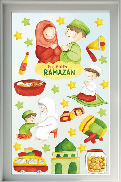TUGİBU Ramadan Decorations, Ramadan Bear Glass and Wall Sticker Set, Welcome Ramadan Sticker Set