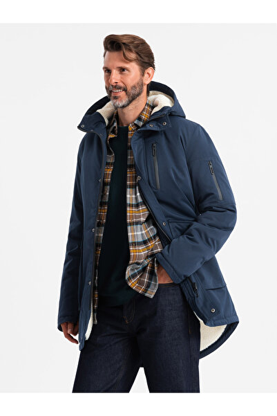 OMBRE Pánská dlouhá bunda sherpa parka – tmavě modrá V2 OM-JALJ-0181 L