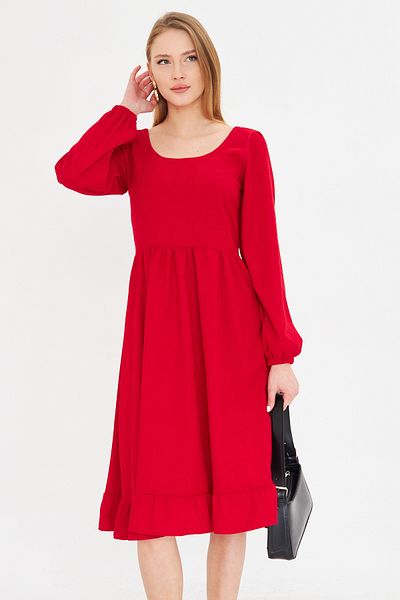 armonika Women's Red U-Neck Back Zipper Elastic Waist Midi Length Velvet Dress Arm-25K 001103